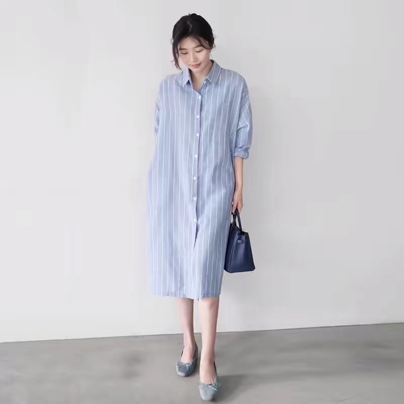 Korean Style A Line Shirt Dress - Blauw gestreept overhemdjurkje voor dames, los,